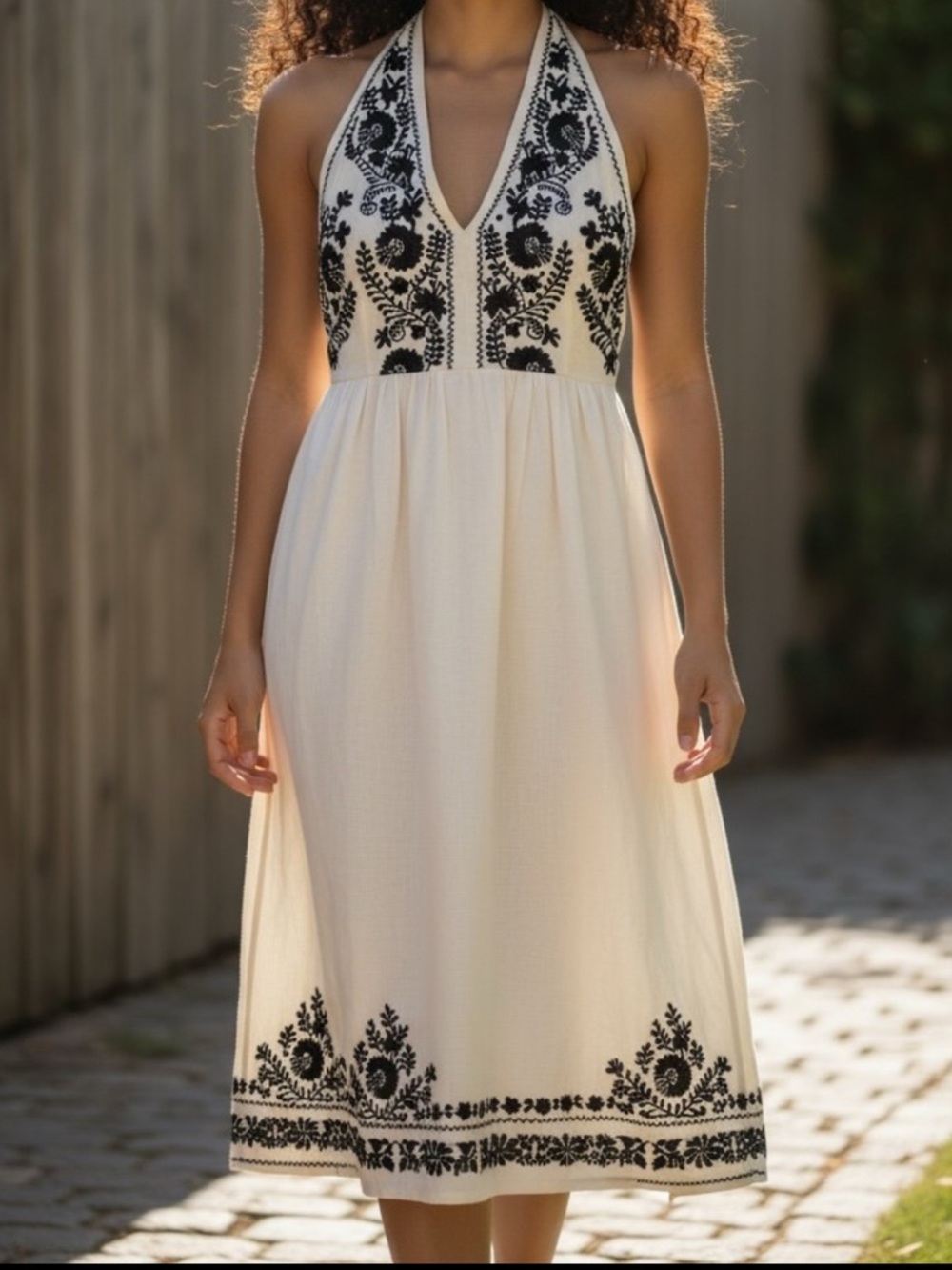 Urban Outfitters Ivory And Black Floral Embroidered Halter Neck Dress